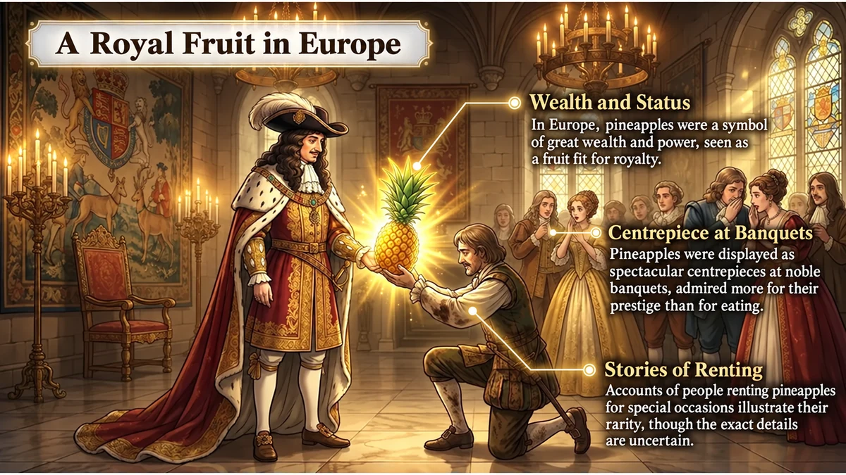An imagined banquet scene showing pineapple as a symbol of wealth and status.