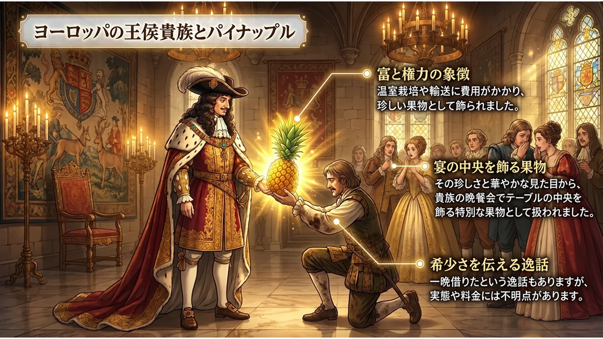 パイナップルが富と権力の象徴として宴の飾りに使われた様子を描いたイメージ。