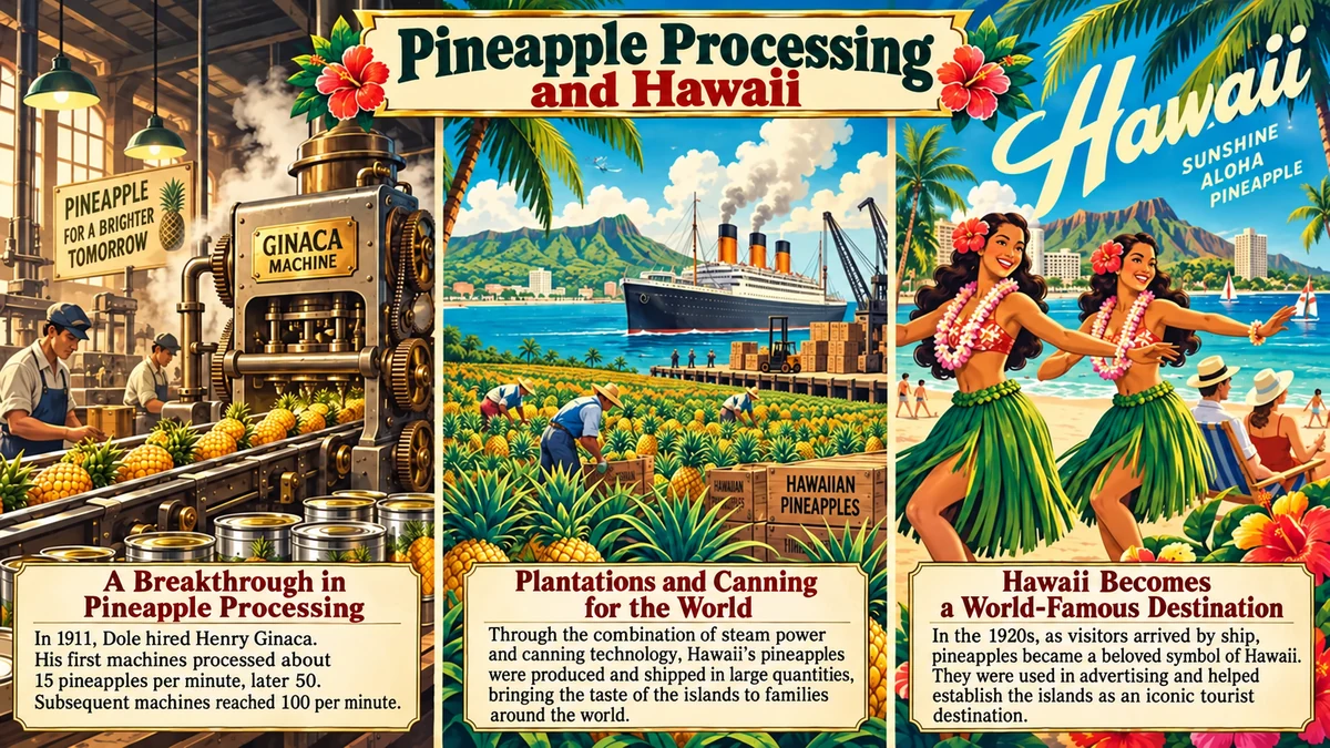 Dole hired Ginaca in 1911. Early machines processed about 15 and later 50 fruits per minute; subsequent designs reached 100.