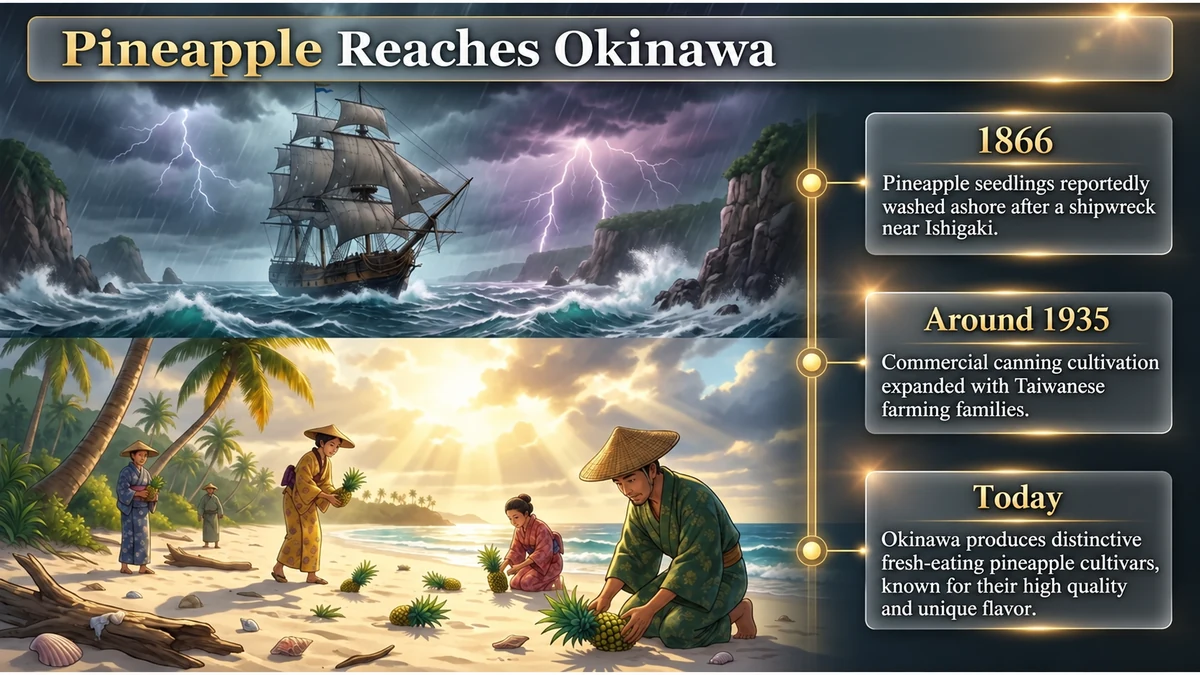 The reported arrival in 1866 and commercial expansion around 1935 were separate stages in Okinawa’s pineapple history.