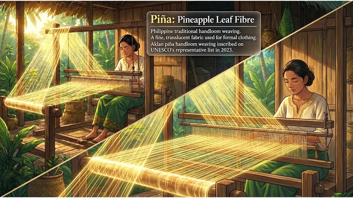 An imagined scene of Philippine piña weaving using pineapple leaf fibre.