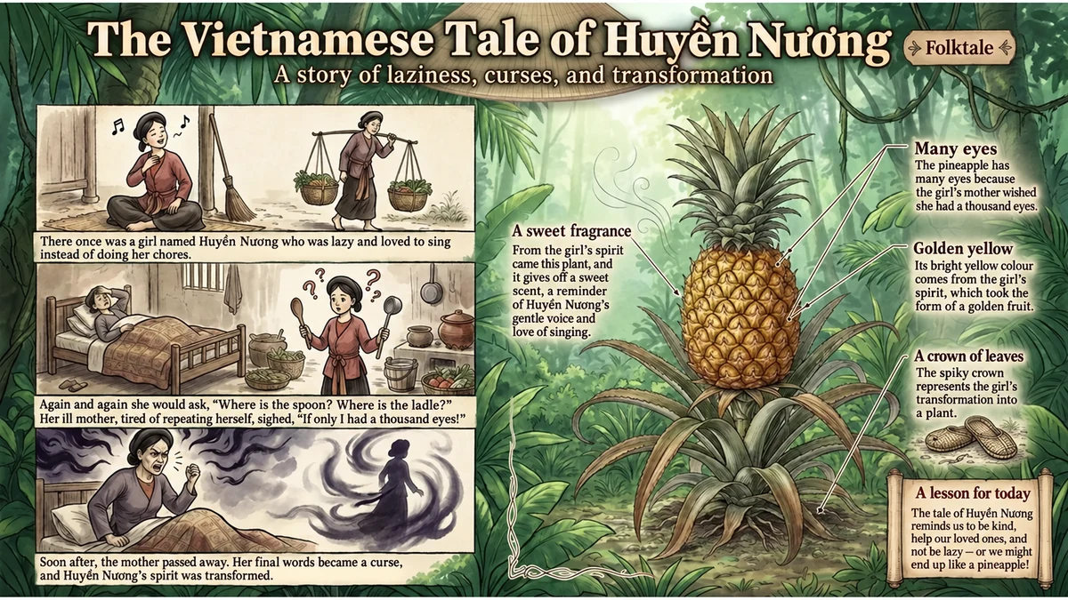An illustrated folktale of Huyền Nương, with the fruit’s eyes and its change from green to yellow explained through the story.