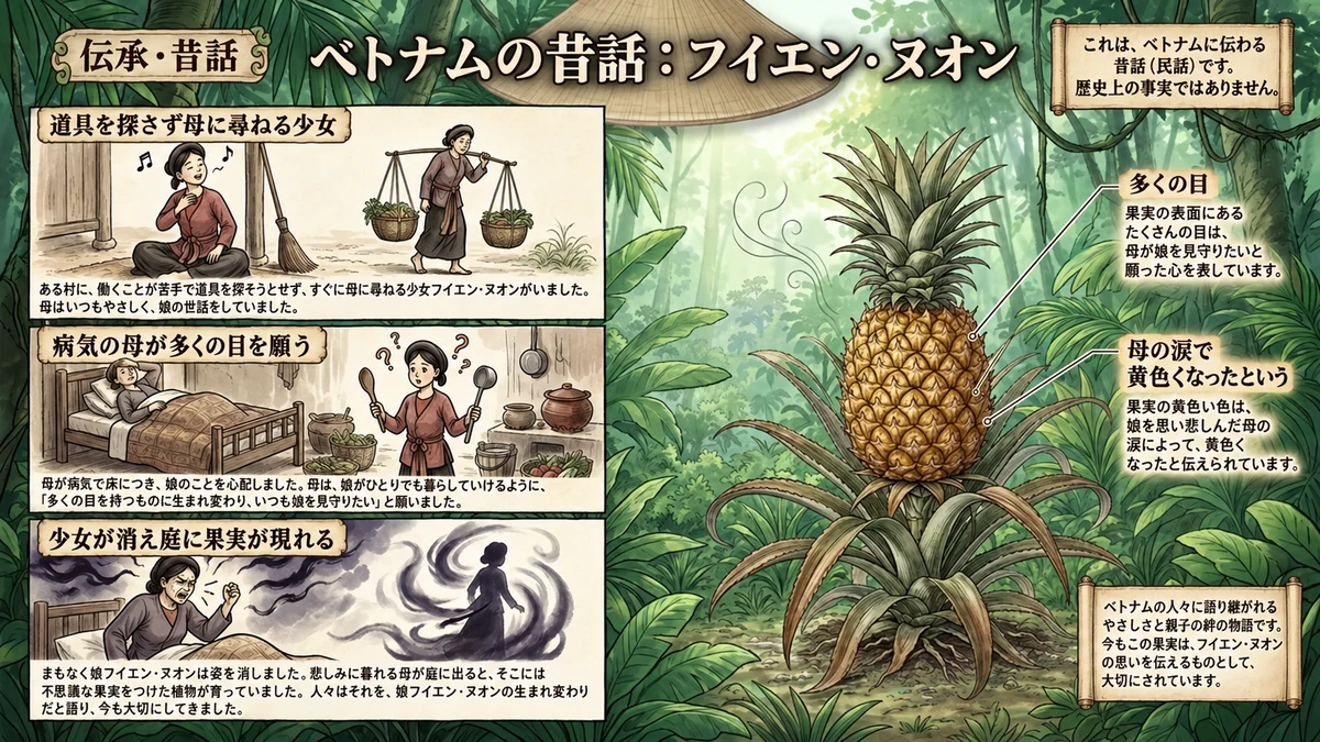 ベトナムの昔話「フイエン・ヌオンの伝説」を伝承植物図鑑ふうに描いたイラスト。多くの「目」と、母の涙を受けて緑から黄色へ変わる果実を表している。