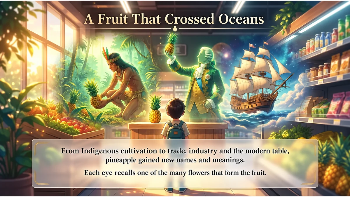 An imagined supermarket scene bringing together modern pineapple and the people who shaped its journey.