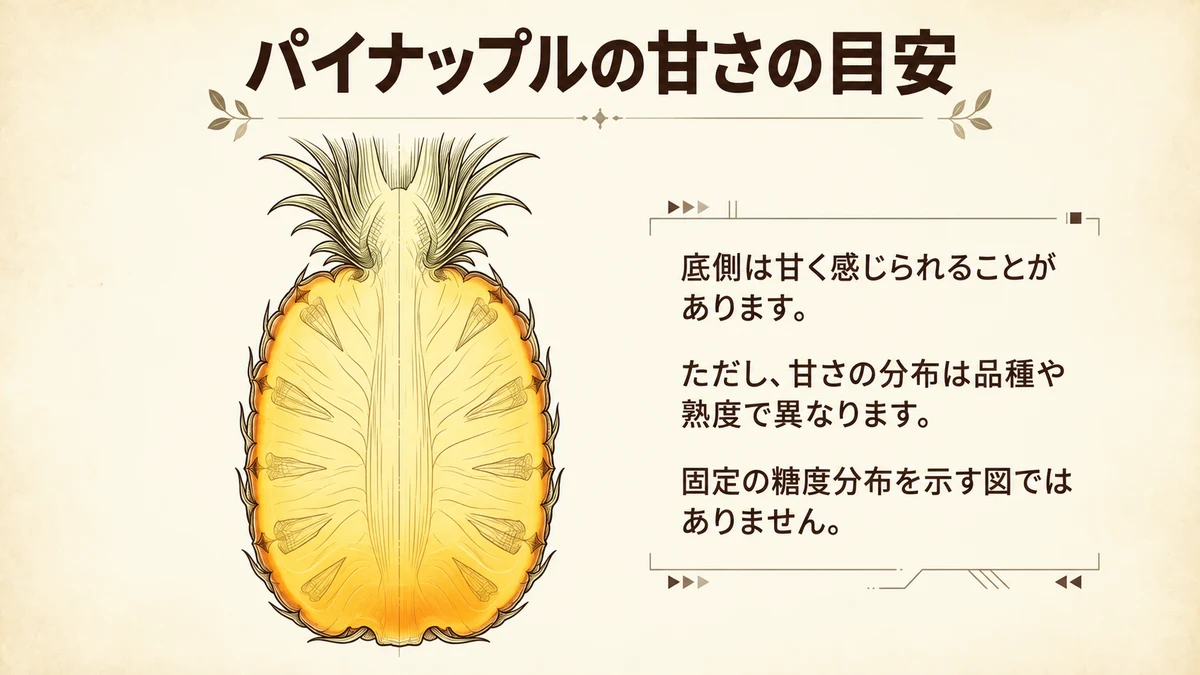 底側は甘く感じられることがあります。甘さの分布は品種・熟度で異なり、固定の糖度分布を示す図ではありません。