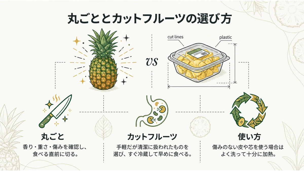 丸ごとのパイナップルとカットフルーツの違い。