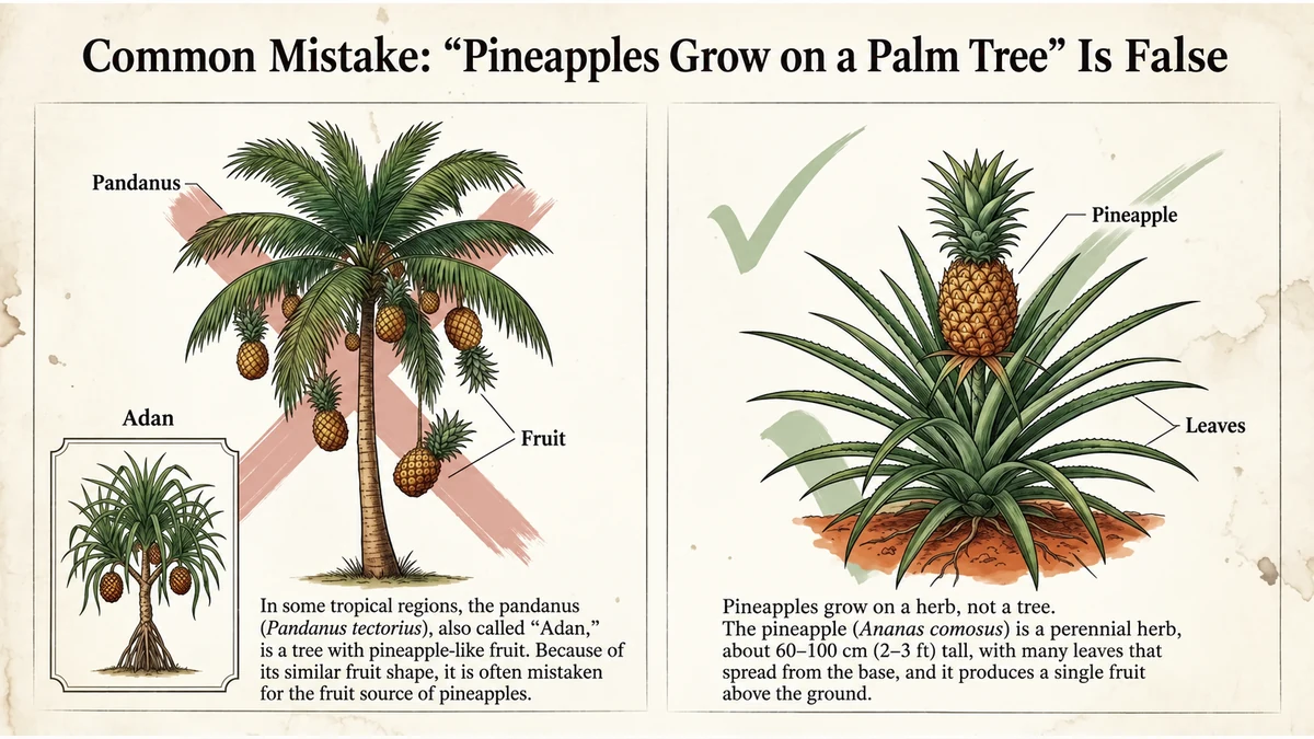 Pandanus is a tree with pineapple-like fruit; pineapple itself is a low-growing herb.