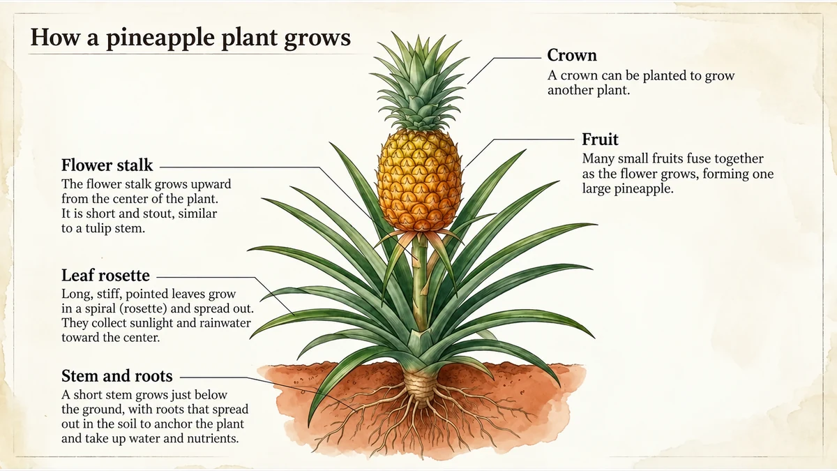 Crown, flower stalk, leaf rosette, stem and roots. The crown can be planted to grow another plant.
