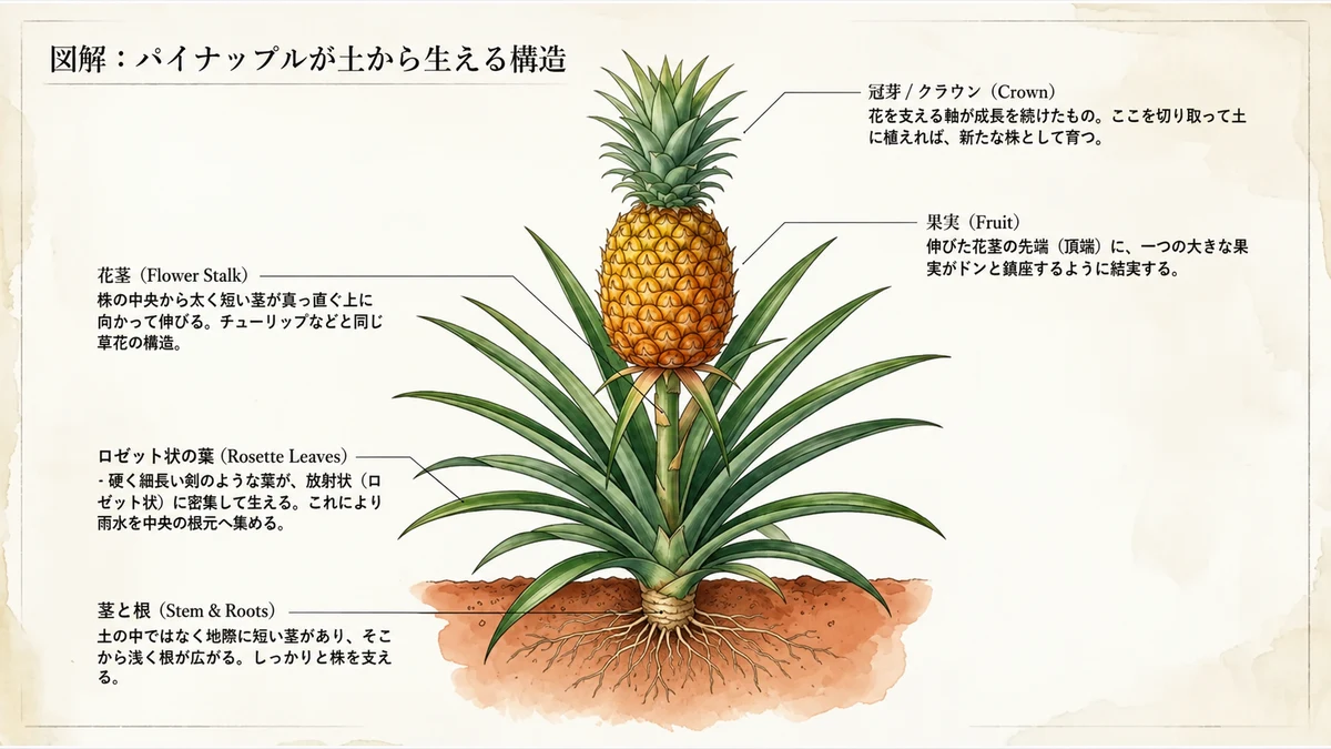 冠芽(クラウン)・花茎・ロゼット状の葉・茎と根。切り取ったクラウンを土に植えると新たな株として育つ