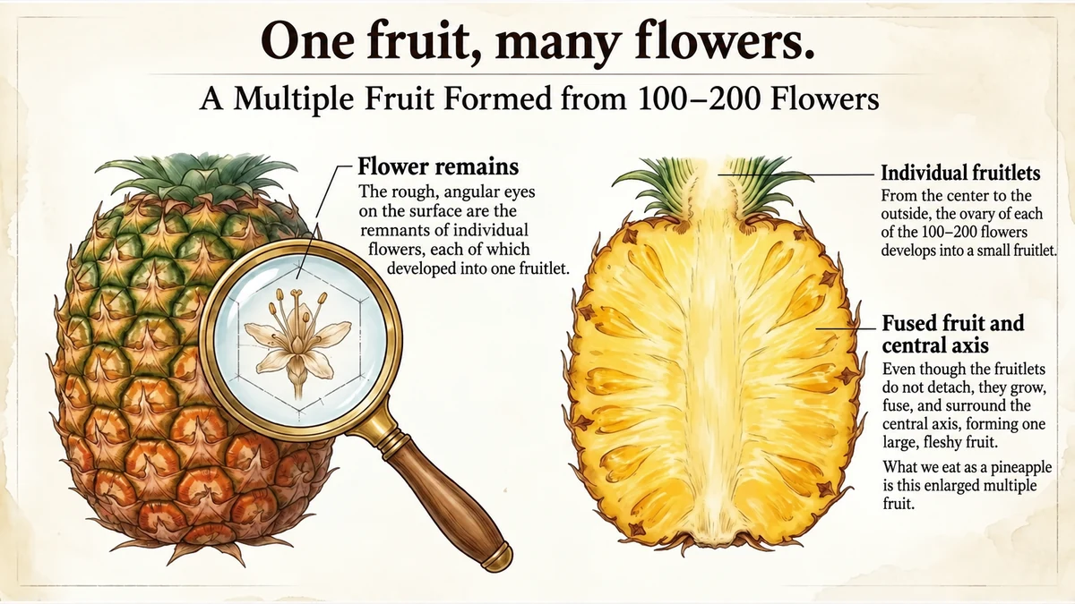 The eyes correspond to separate flowers. Around 100–200 flowers contribute to one multiple fruit.