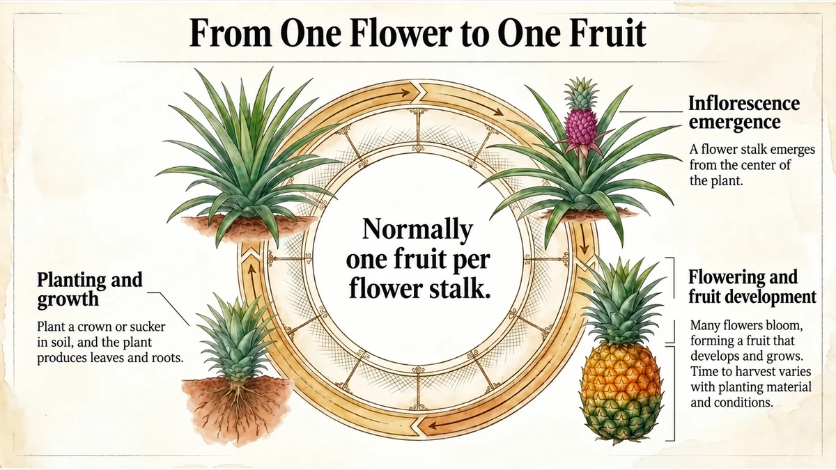 Normally one fruit per flower stalk. Time to harvest depends on planting material and growing conditions.