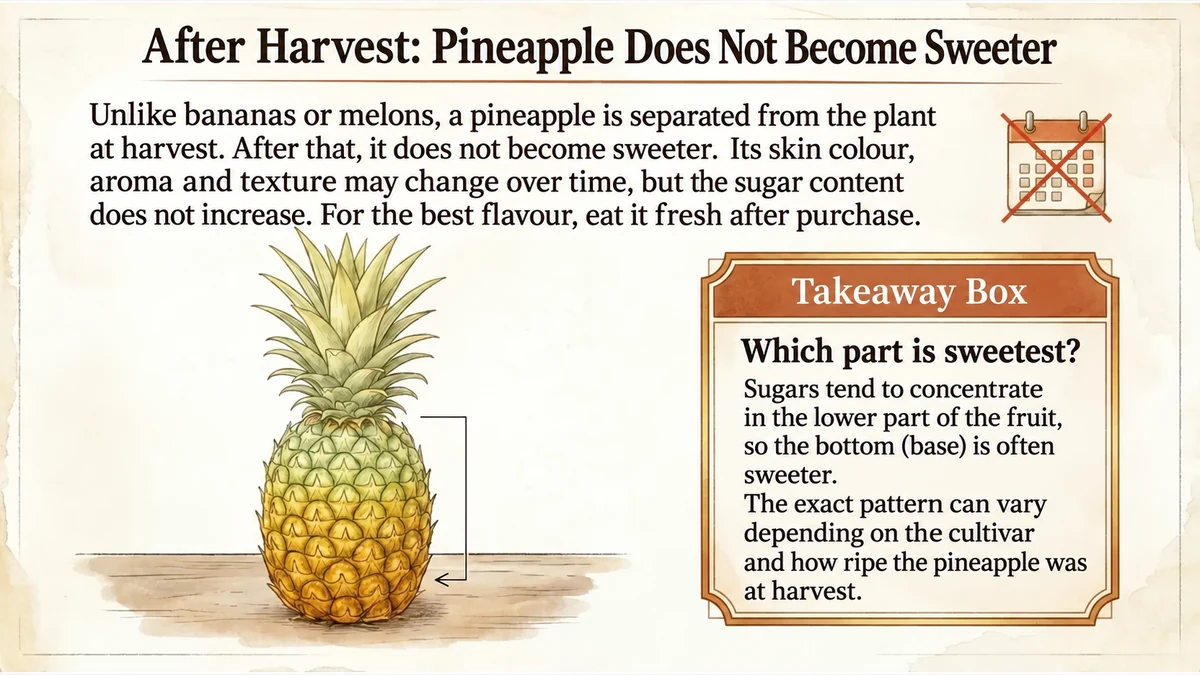 Storage does not increase sweetness. The lower part often tastes sweeter, but the pattern varies.