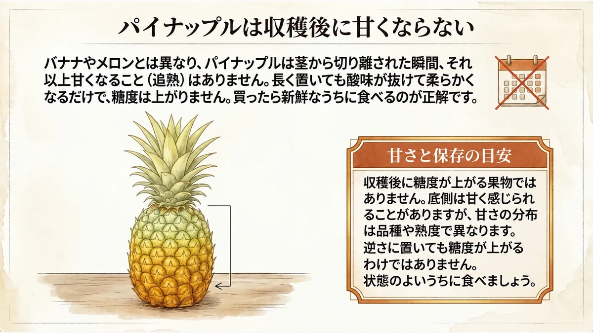 パイナップルは収穫後に甘みが増す果物ではない。果実は下側から熟しやすいが、甘さの分布は品種や熟度で異なる