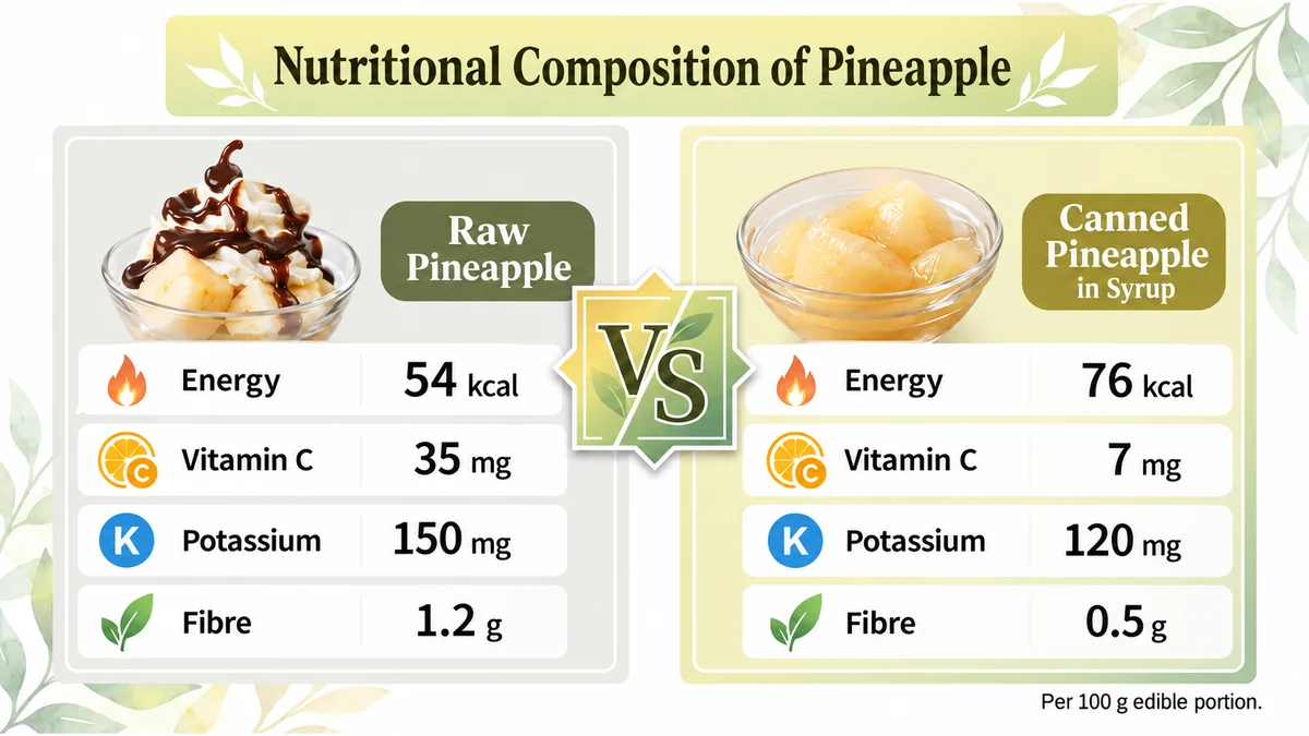 Canned pineapple in syrup differs from raw fruit in energy and nutrient content.