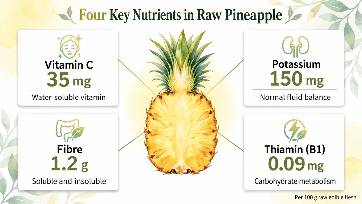 Vitamin C, potassium, fibre and thiamin per 100 g raw edible flesh.