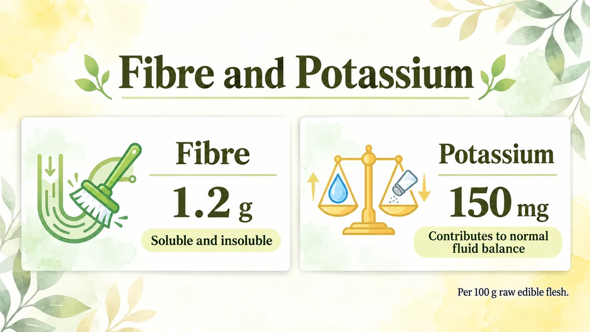Per 100 g raw edible flesh: fibre 1.2 g and potassium 150 mg.