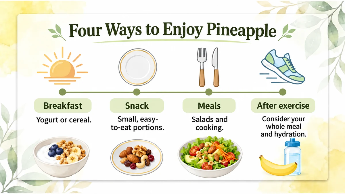 Examples of pineapple at breakfast, as a snack, with meals and after exercise.