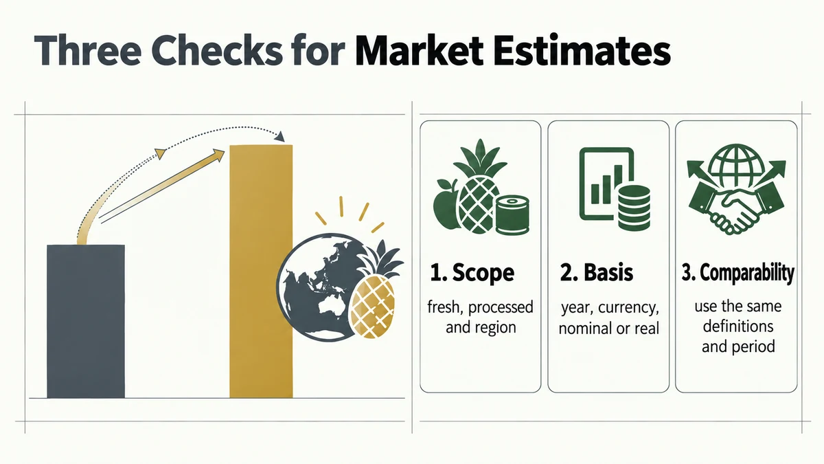 Compare market estimates using the same definitions and reference year.