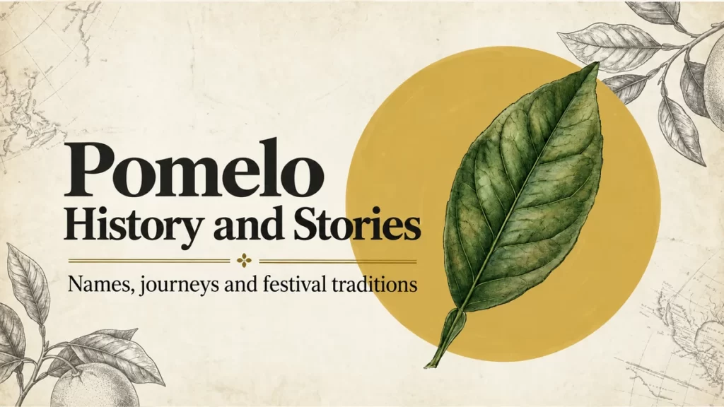 Pomelo History and Stories: botanical leaf and maps.