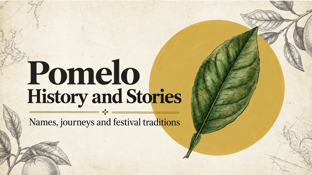 Pomelo History and Stories: botanical leaf and maps.