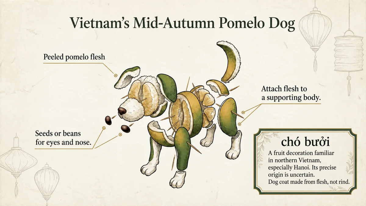 Chó bưởi uses peeled pomelo flesh to create the dog’s coat.