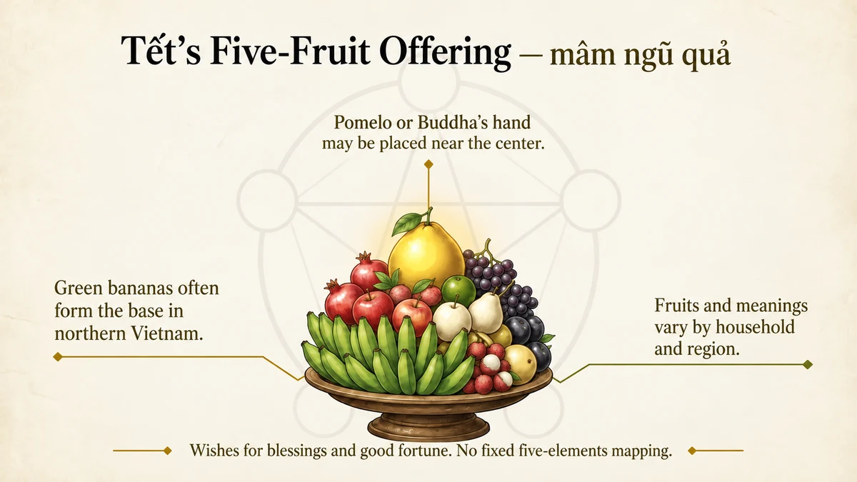 The fruits and their meanings in a five-fruit offering vary by region and household.