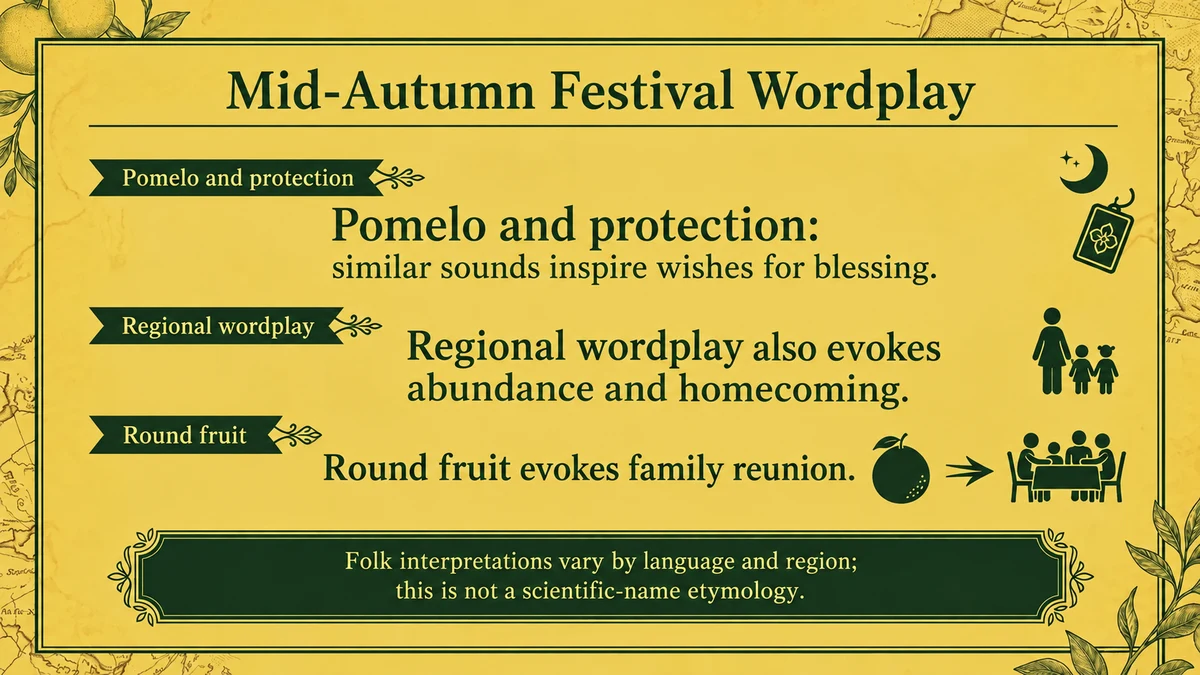 Sound associations and symbolism surrounding pomelo differ between regions.