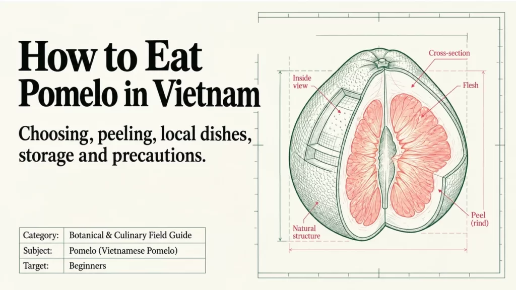 How to Eat Pomelo in Vietnam: a labeled pomelo cutaway.