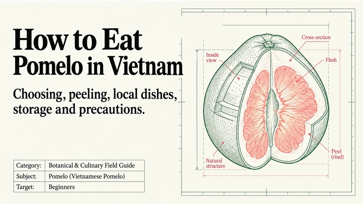 How to Eat Pomelo in Vietnam: a labeled pomelo cutaway.