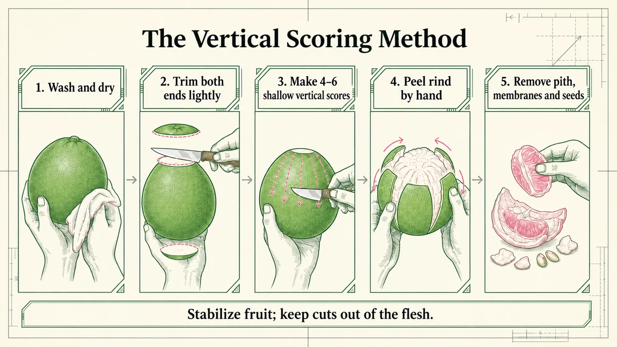 Use the rind scores to separate the peel, pith and segments.