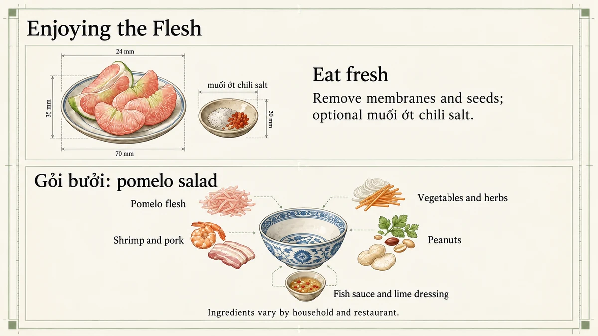 Enjoy the flesh fresh or in dishes such as Gỏi bưởi.