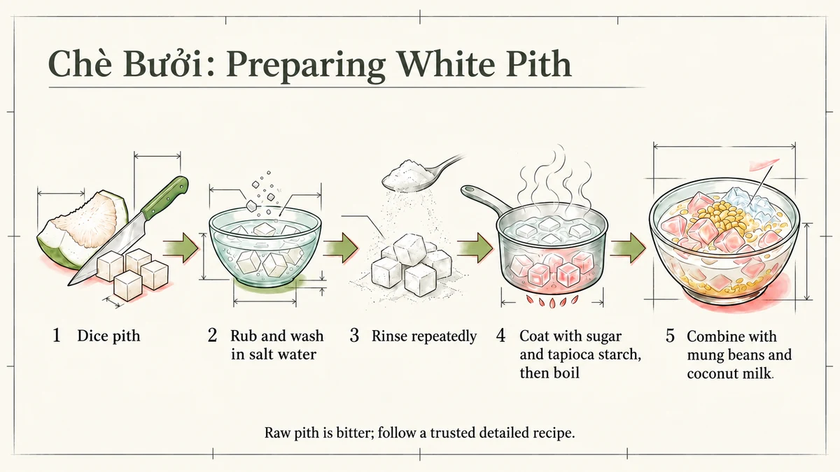 Chè bưởi requires preparation to remove bitterness from the white pith.