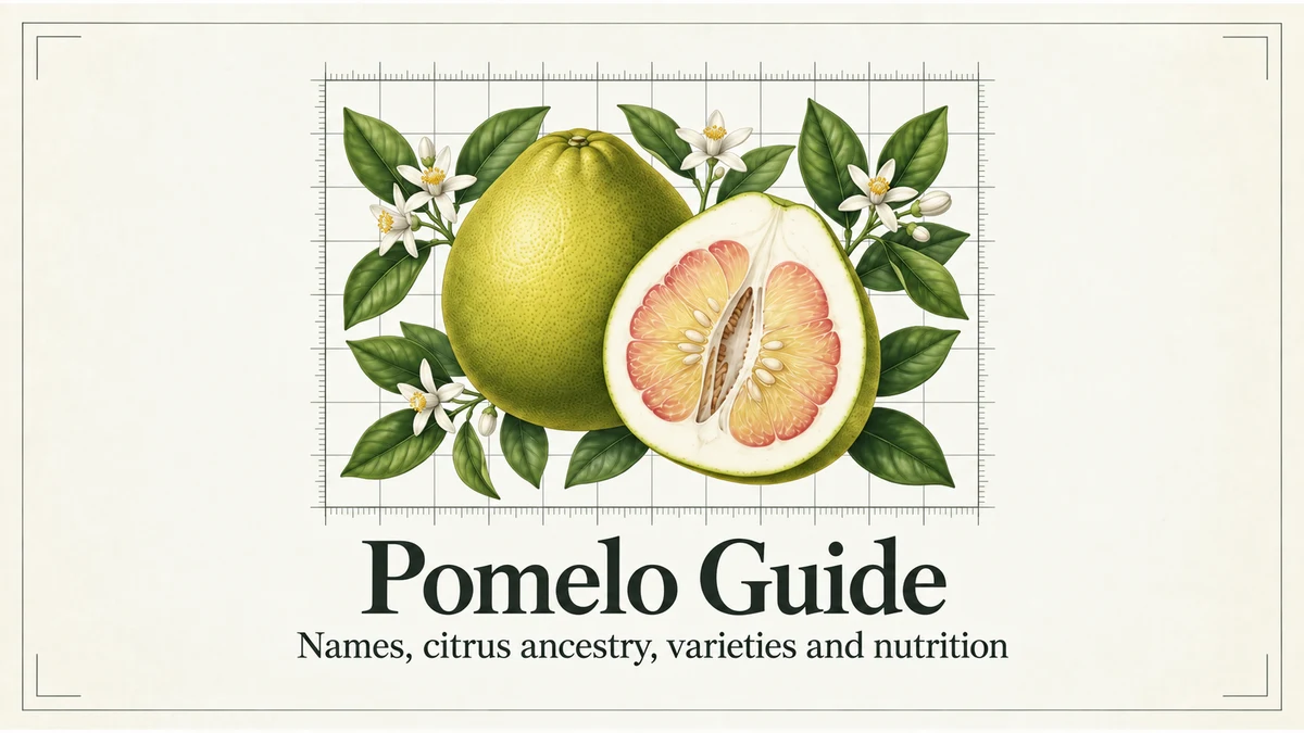 Pomelo Guide: whole fruit, cross-section, leaves and flowers.