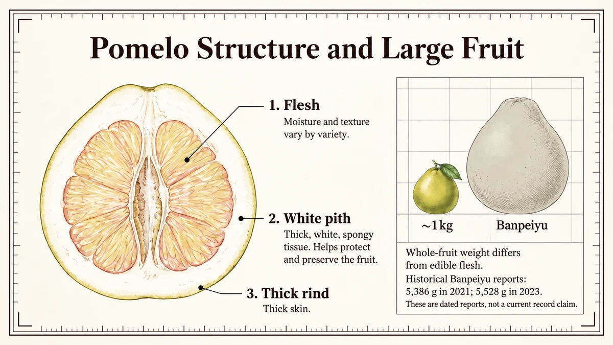 Pomelo’s large fruit is wrapped in a thick rind.