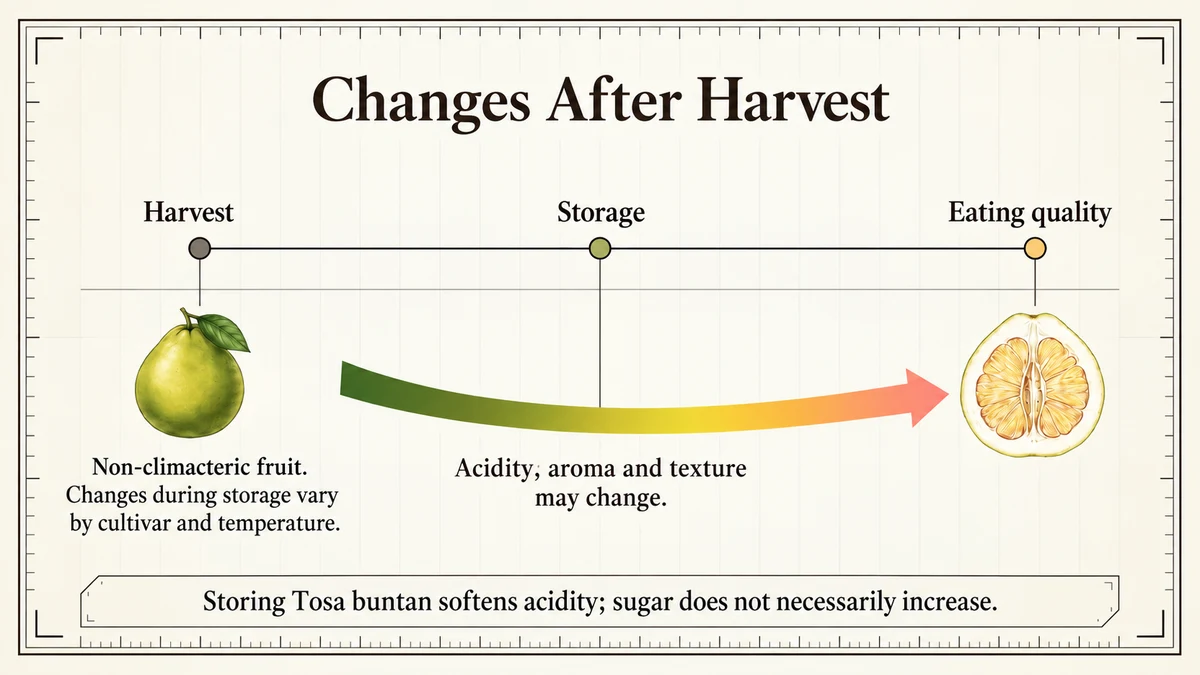 Pomelo flavor can change during storage, but this differs from banana-like ripening.