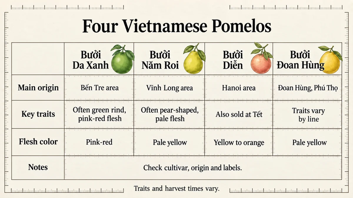 Vietnamese pomelos differ in rind color, flesh color and growing region.