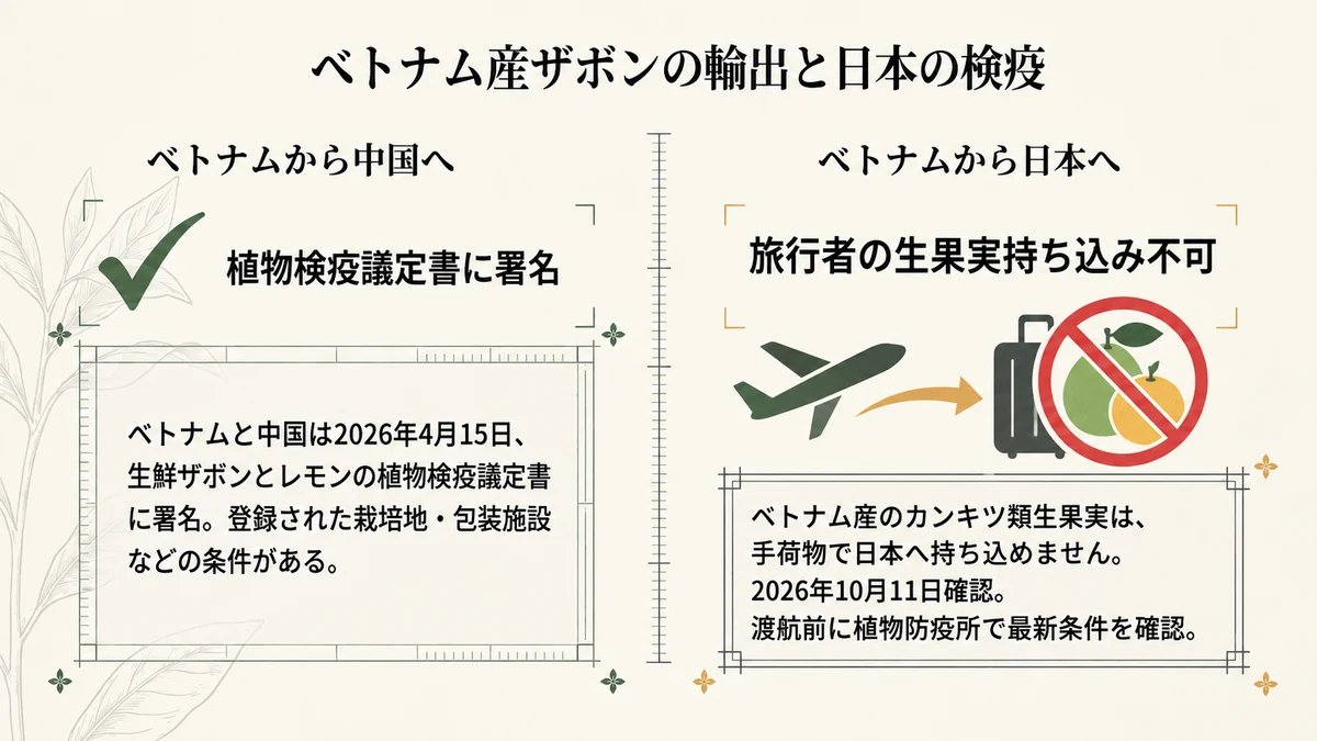 ベトナム産ザボンの輸出条件と、日本への生果実持ち込み規制は分けて確認します。