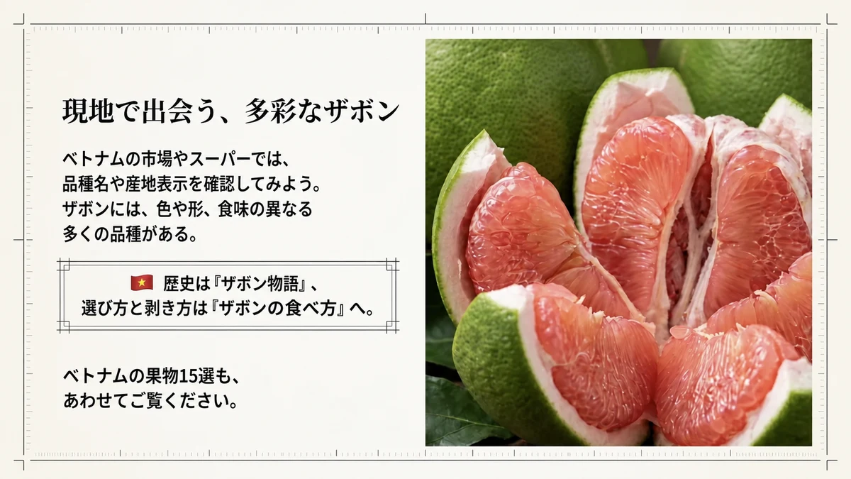 ザボンは、地域ごとの品種や食文化と結びついた果物です。