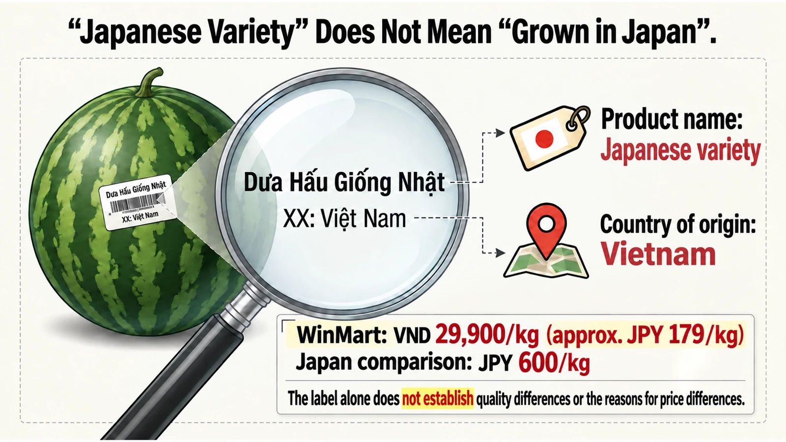 “Japanese variety” describes the product name, while “Vietnam” identifies the country of origin. The label alone cannot establish quality differences or explain price differences.