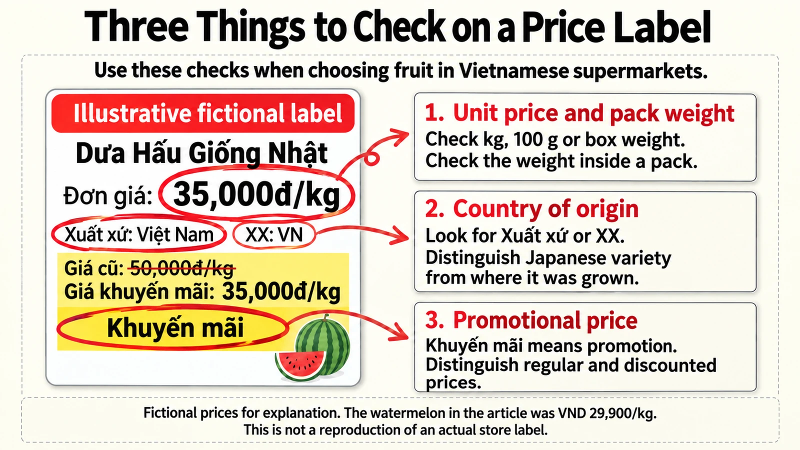 Check unit price, origin and promotional labels. The VND 35,000 and VND 50,000 figures are fictional examples; the watermelon recorded in the article was VND 29,900/kg.