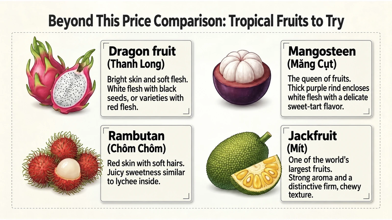 Dragon fruit, mangosteen, rambutan and jackfruit are among the fruits to try beyond this price comparison. See the linked guides for characteristics and eating tips.