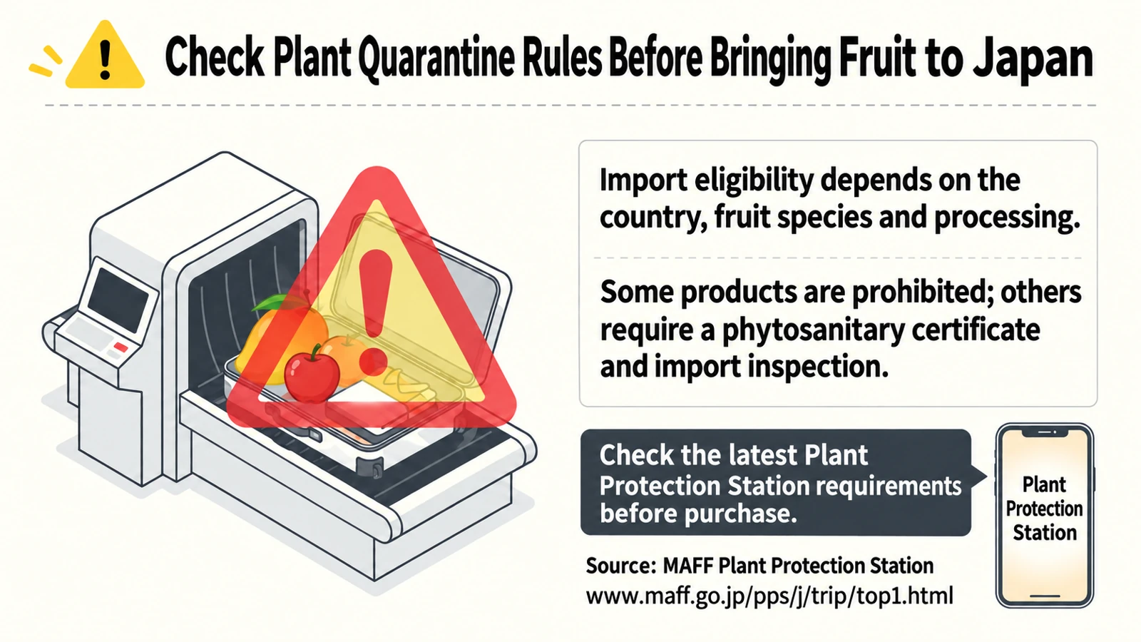 Import eligibility depends on country, fruit species and processing. Check the latest Plant Protection Station requirements and necessary procedures before travel.