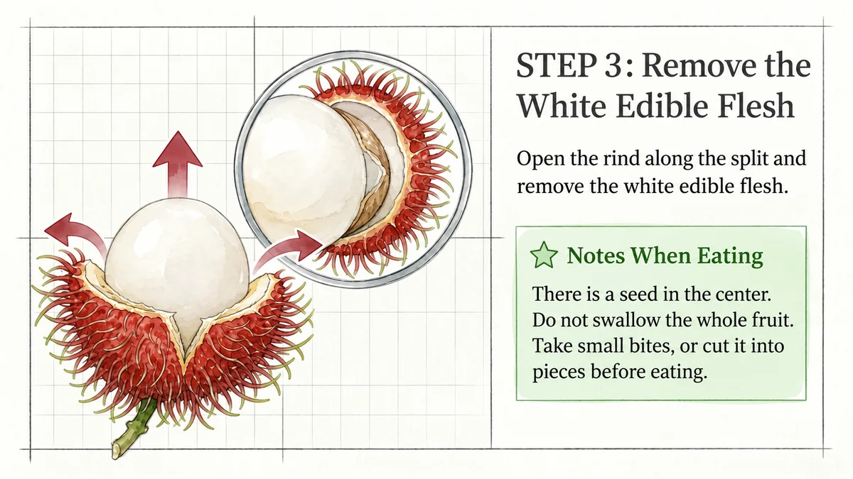 Steps for opening the rind and removing the white edible flesh.
