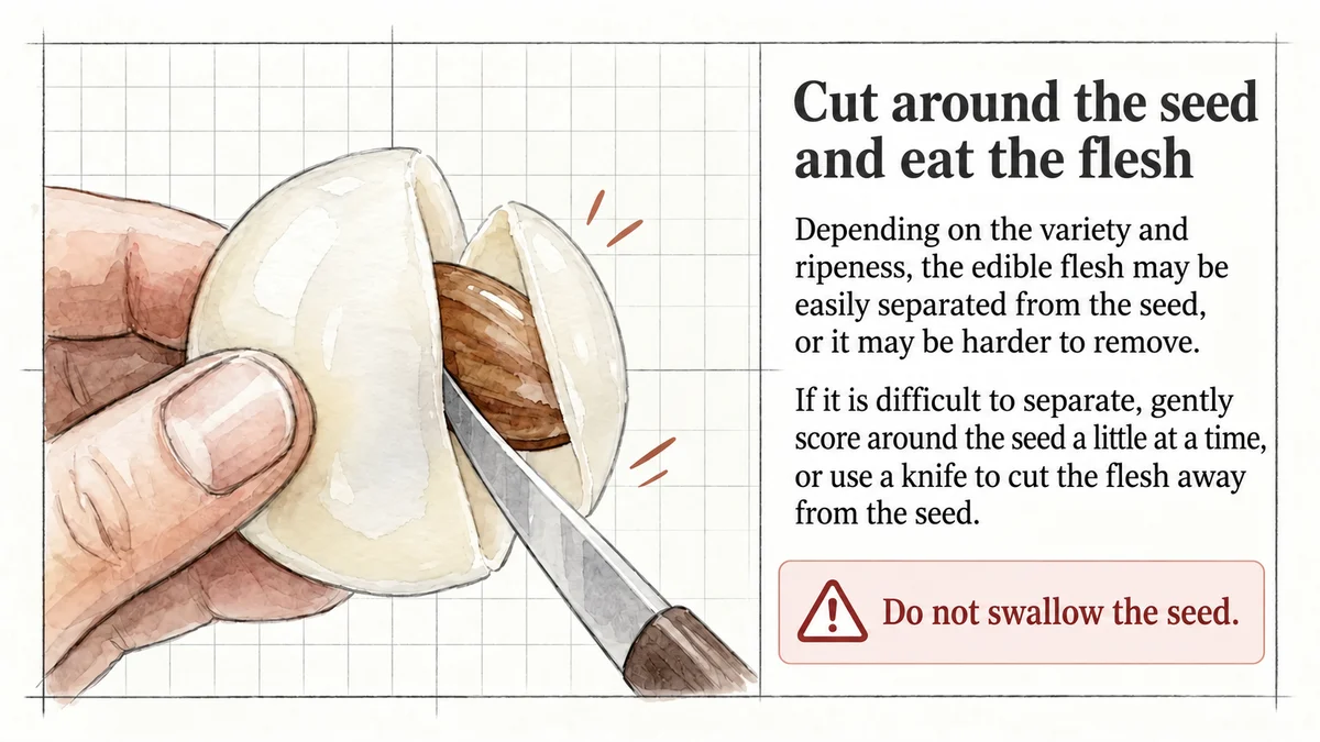 Cut the edible flesh around the seed and discard the seed.