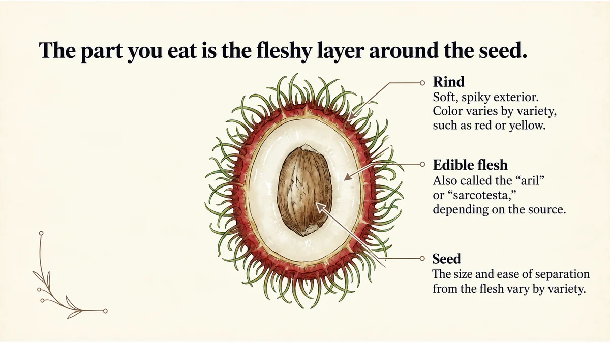 A cross section showing rambutan rind, white edible flesh and seed.