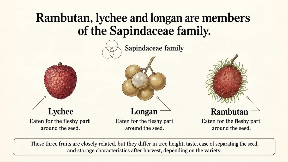 Rambutan, lychee and longan are members of the Sapindaceae family.
