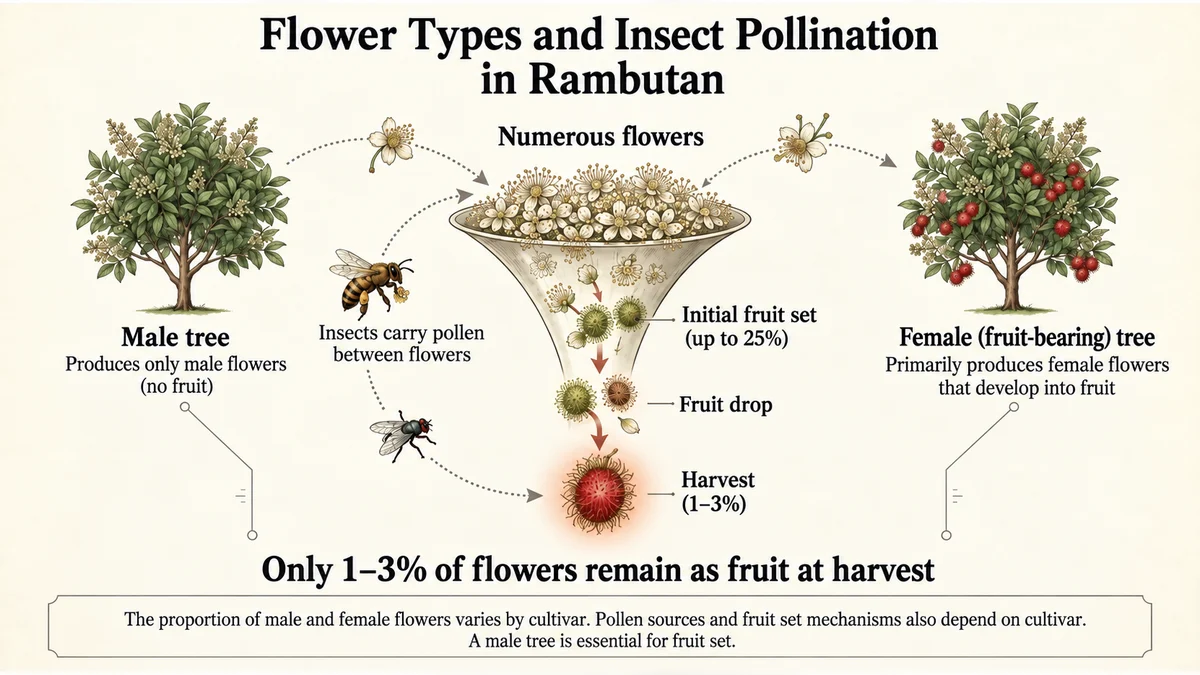 Flower types, insect pollination and the proportion of flowers yielding fruit at harvest.
