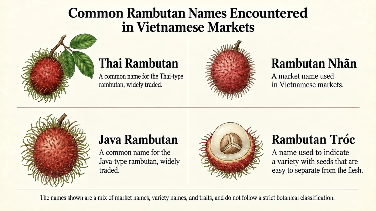 Common rambutan names encountered in Vietnamese markets.