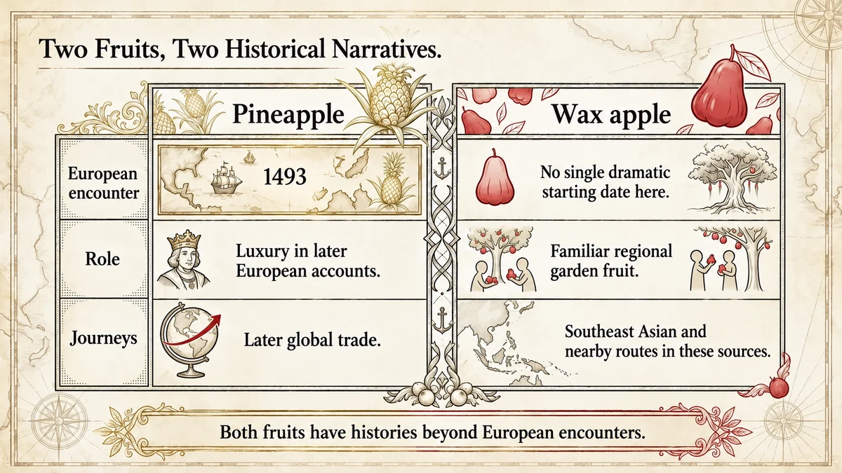 Two fruits, two historical narratives: wax apple became familiar through a quieter regional journey.