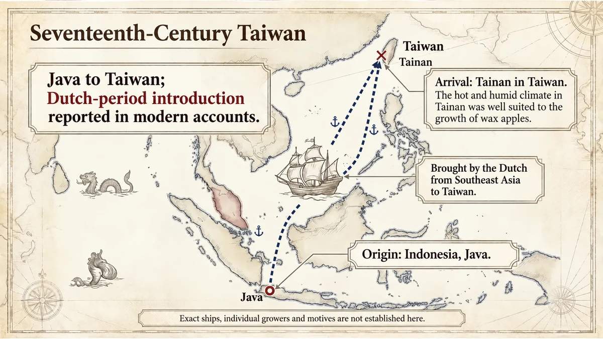 Accounts associate wax apple’s arrival in Taiwan with Java and the Dutch colonial period.